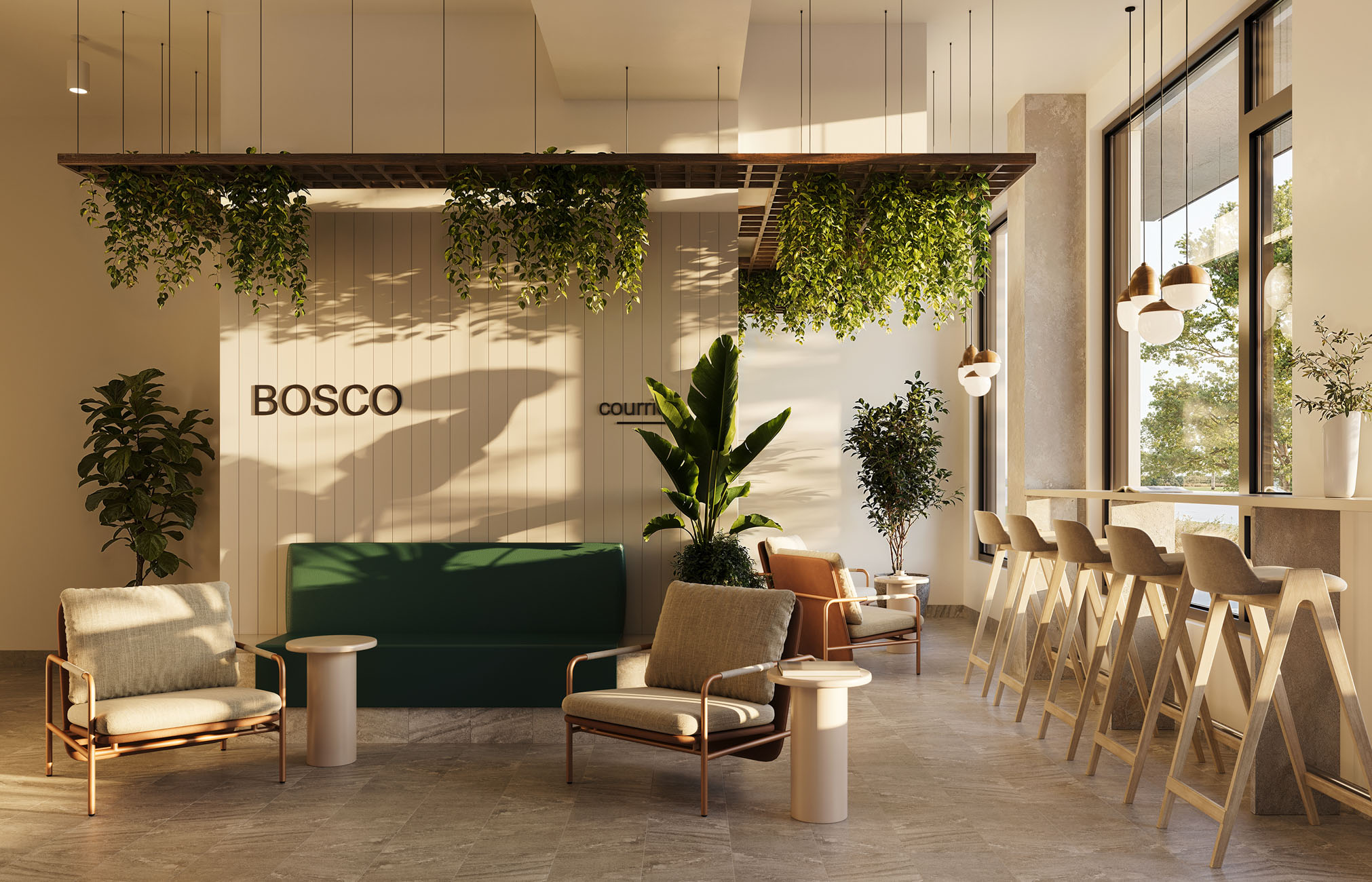 Un salon moderne avec des plantes vertes, des chaises élégantes, un canapé vert et un plafond en bois. De grandes fenêtres laissent entrer la lumière naturelle. Des tabourets hauts s'alignent sur un comptoir près des fenêtres, créant une atmosphère confortable et accueillante.